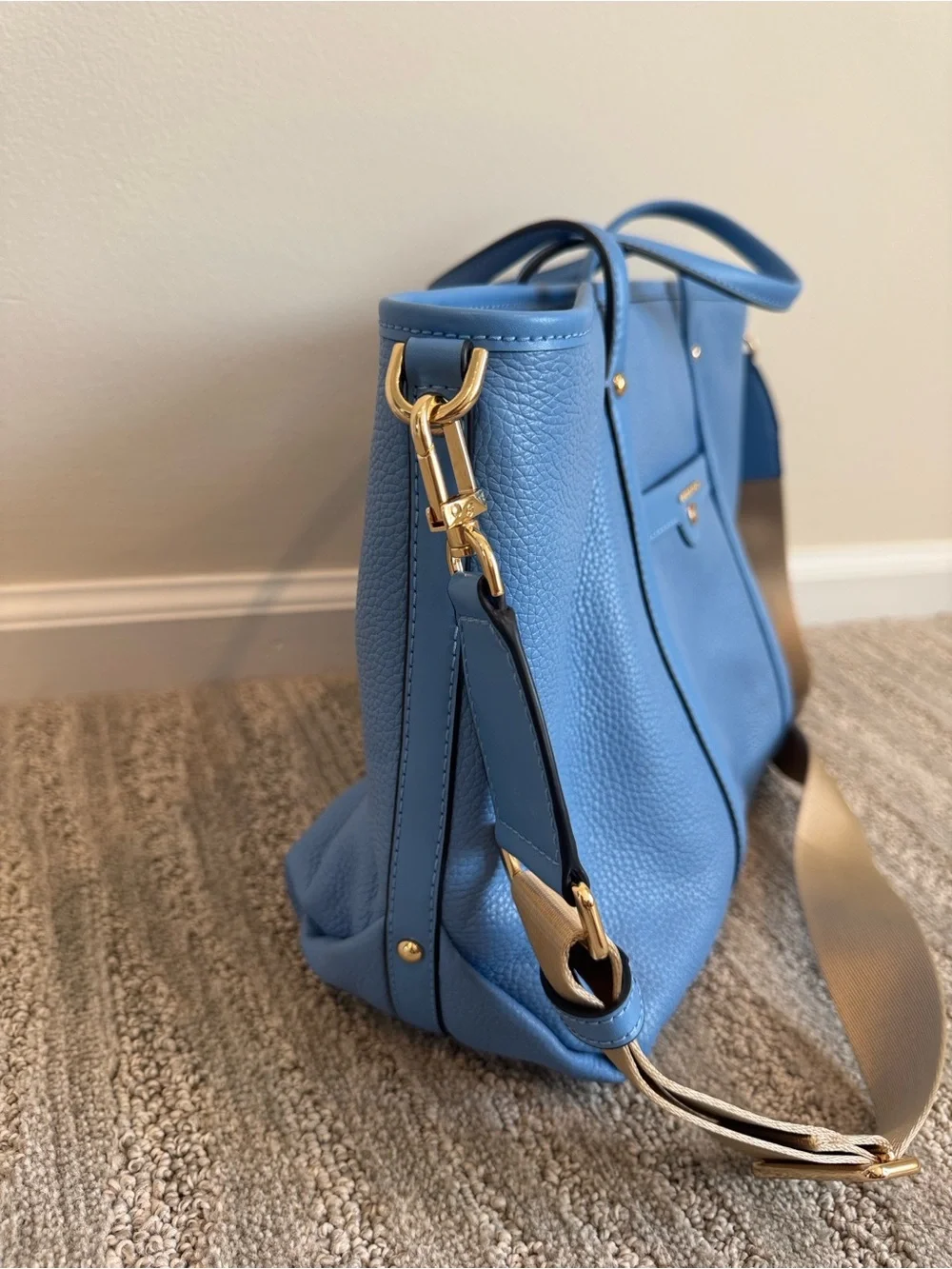 Michael Kors Sky Blue Pebble Leather Tote with Tan Strap